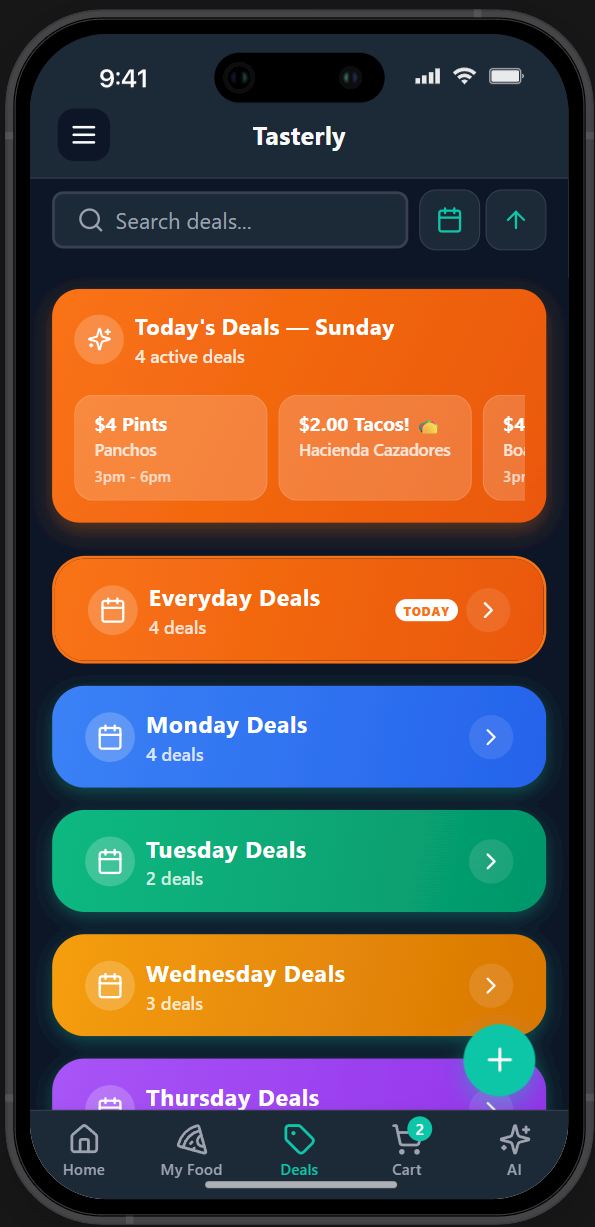 Track restaurant deals and happy hours